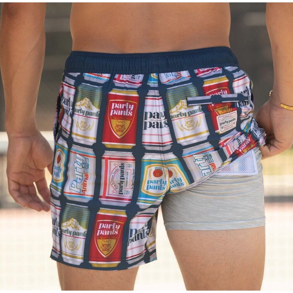 Party Pants Swim Trunks Board Shorts Mens XL Beer Cans Drawstring & Elastic NWT - Picture 2 of 8